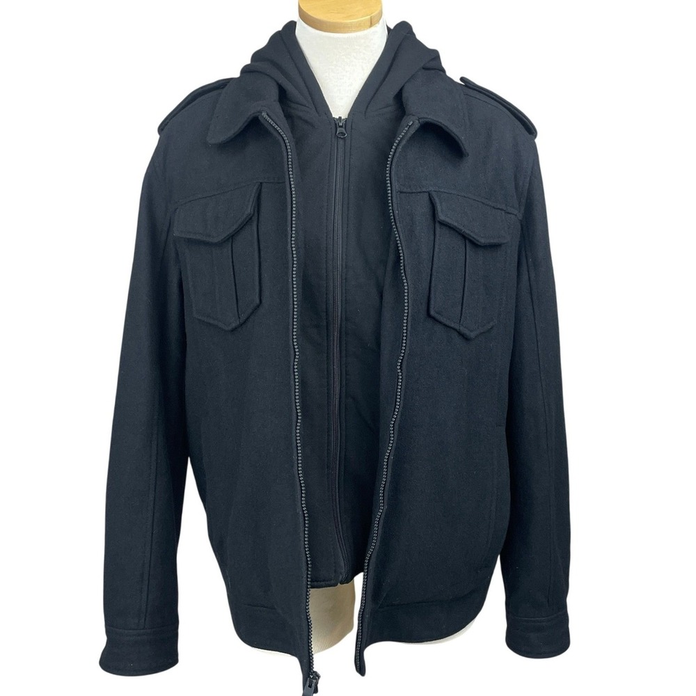 GUESS Mens (L) Military Black Jacket Zip-Out Hoodie Pockets Coat Utility Lined